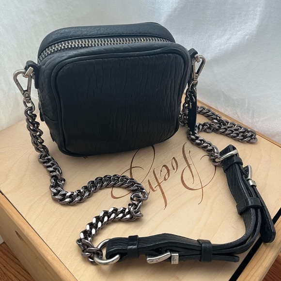 Vintage Handbags - Black Faux Pebbled Leather Crossbody Bag with Chain Strap